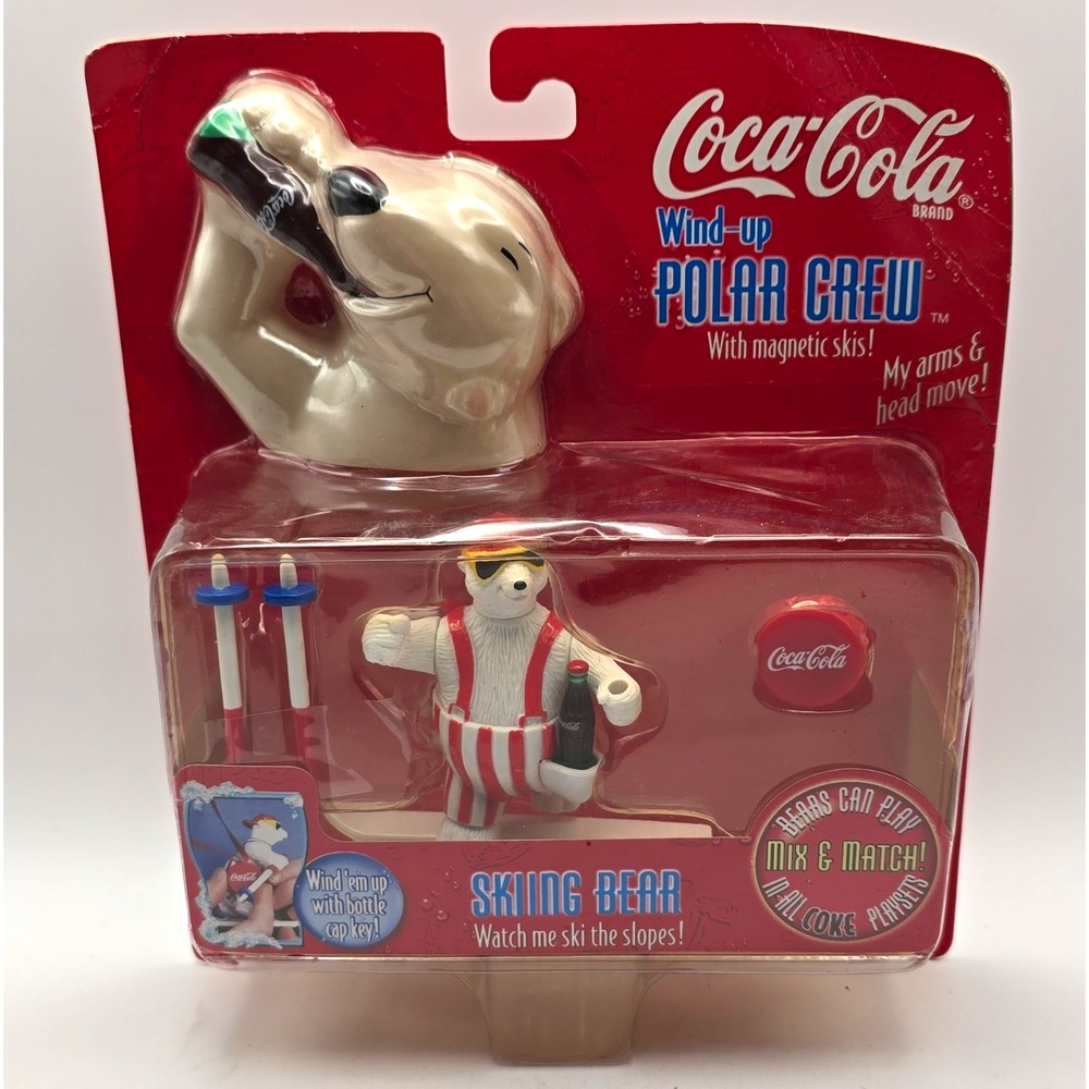 Coca-Cola Polar Crew Wind-Up Skiing Bear w/ Magnetic Skis Bottle Cap Key 1996